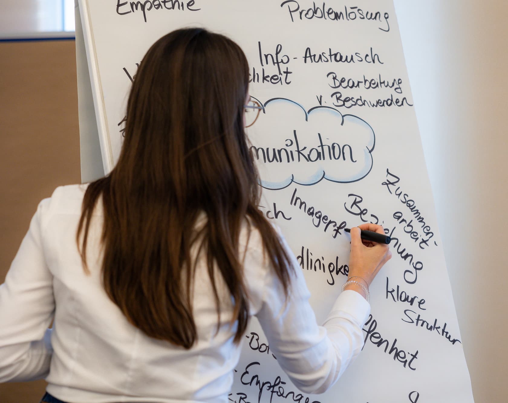 Matea schreibt gerade an einem Flipchart.